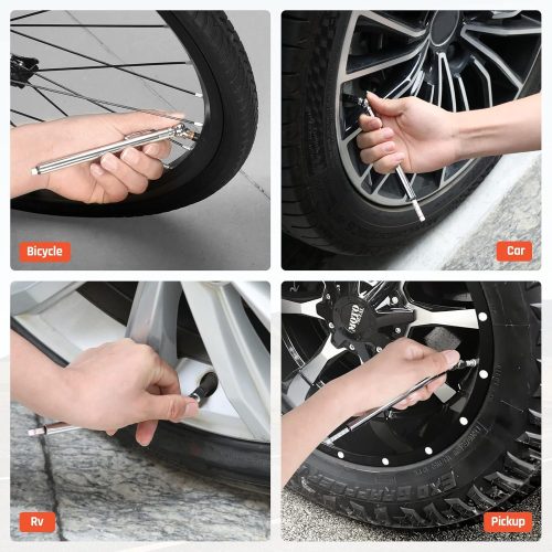 ETENWOLF G101 pencil tire gauge being used on Bicycle, Car, RV, and Pickup Truck tires.