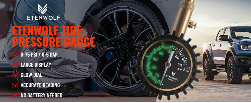 ETENWOLF G200 tire gauge with glow dial and 75 PSI range shown with professional mechanic and truck.