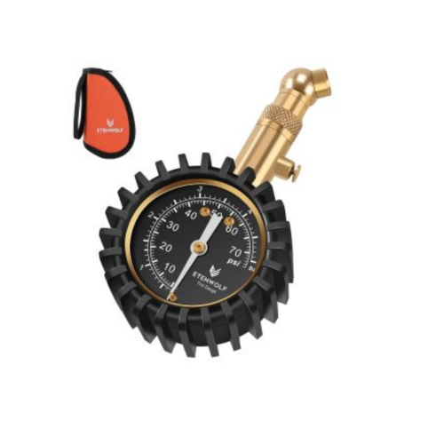 ETENWOLF G200 professional mechanical tire pressure gauge with protective rubber cover and portable storage pouch.