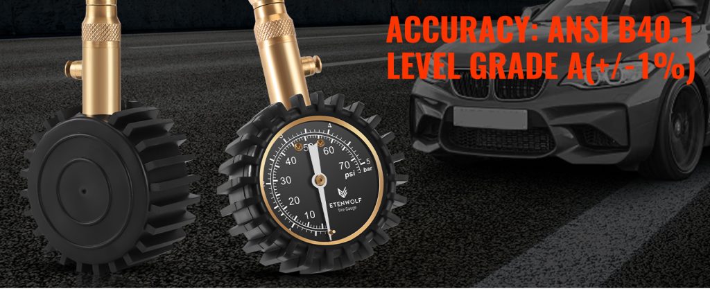 Front and back view of ETENWOLF G200 tire pressure gauge with ANSI B40.1 Grade A accuracy certification (+/- 1%)