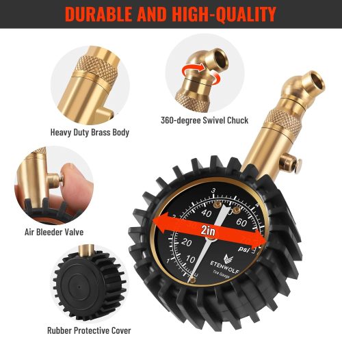Detailed view of ETENWOLF G200 mechanical tire pressure gauge showing brass body and glow dial.