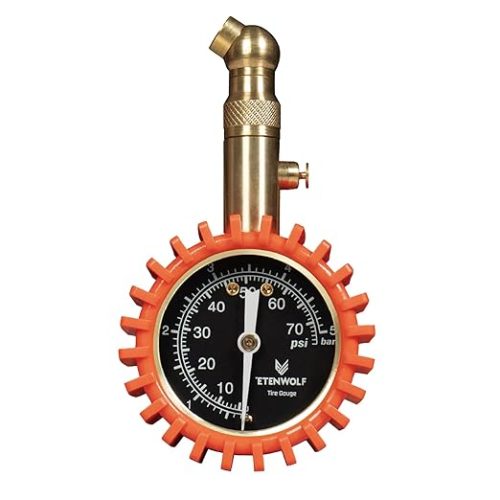 ETENWOLF G200 75 PSI mechanical tire pressure gauge with high-visibility orange rubber protective cover and brass chuck.