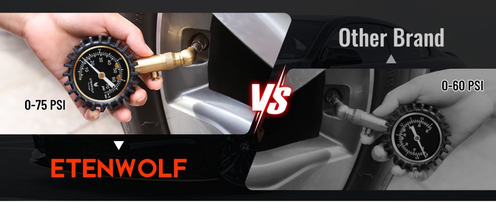 Side-by-side comparison of ETENWOLF 0-75 PSI tire gauge vs other brand's 0-60 PSI gauge.