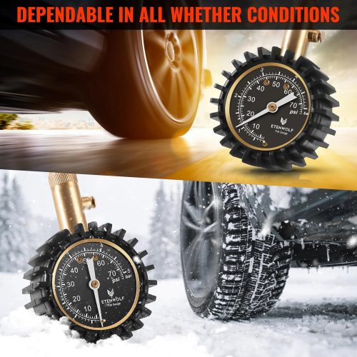 ETENWOLF G200 tire pressure gauge shown performing reliably in both snowy winter and high-temperature summer road conditions.