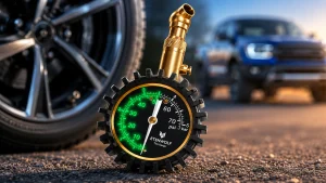 ETENWOLF G200 analog tire pressure gauge with off-road truck background