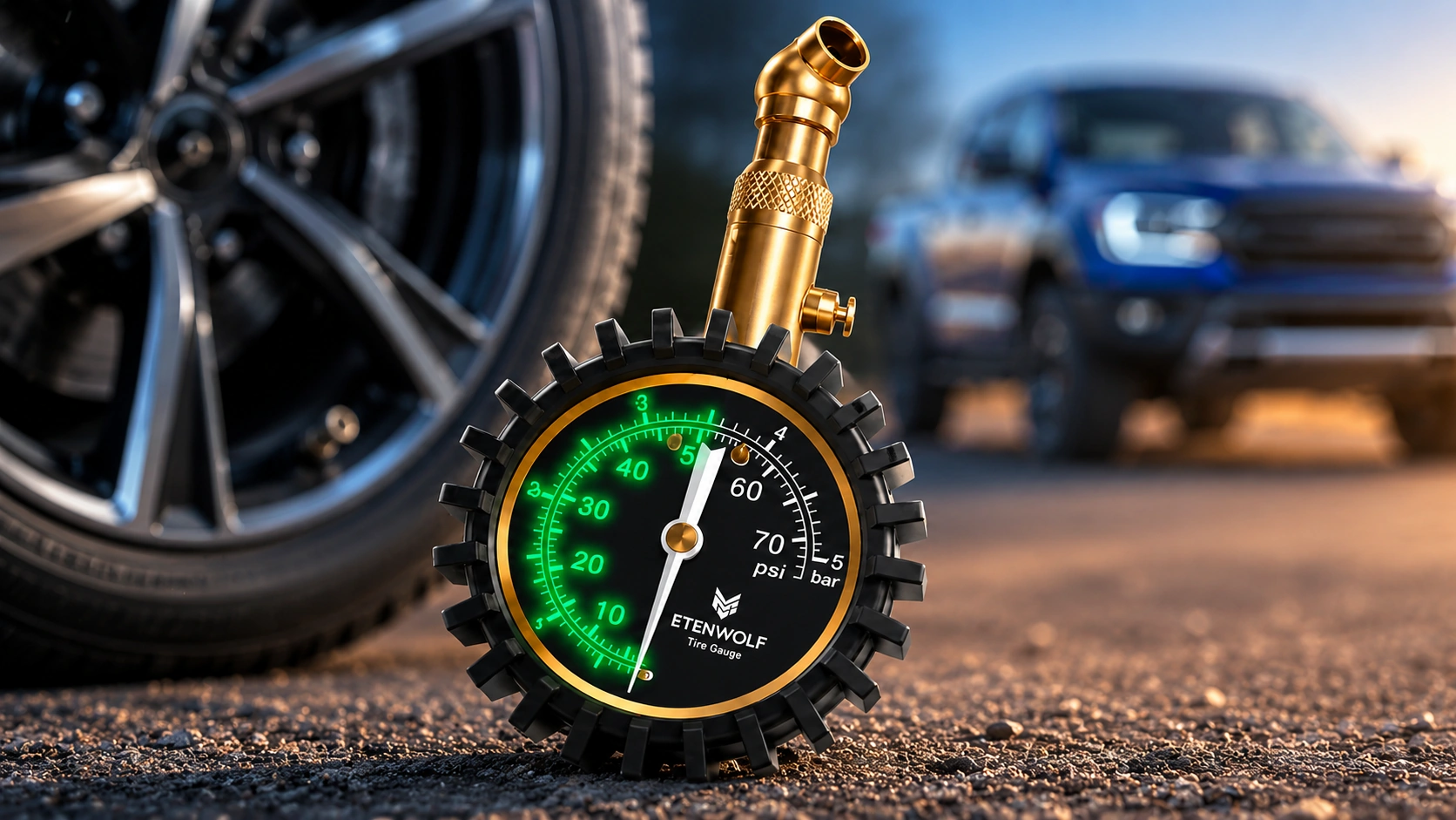 ETENWOLF G200 analog tire pressure gauge with off-road truck background