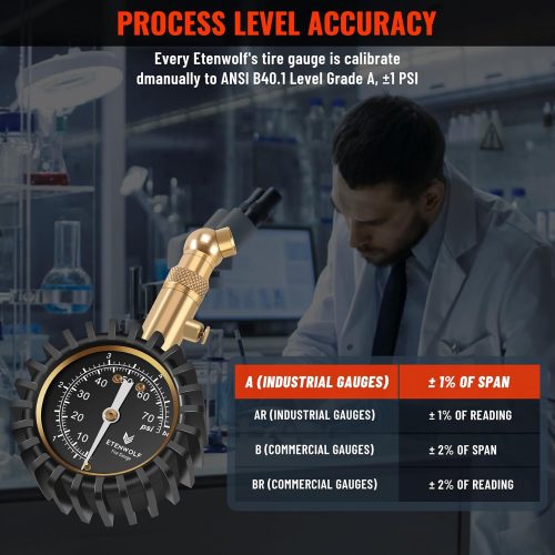 ETENWOLF G200 tire gauge manual calibration to ANSI B40.1 Grade A standard with +/- 1% accuracy chart.