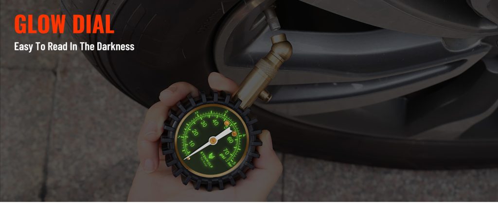 ETENWOLF G200 tire gauge with a large luminous glow dial for clear reading in dark environments.
