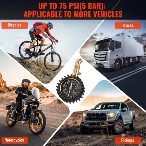 ETENWOLF G200 tire pressure gauge application for bicycles, trucks, motorcycles, and pickup trucks with 75 PSI/5 BAR range.