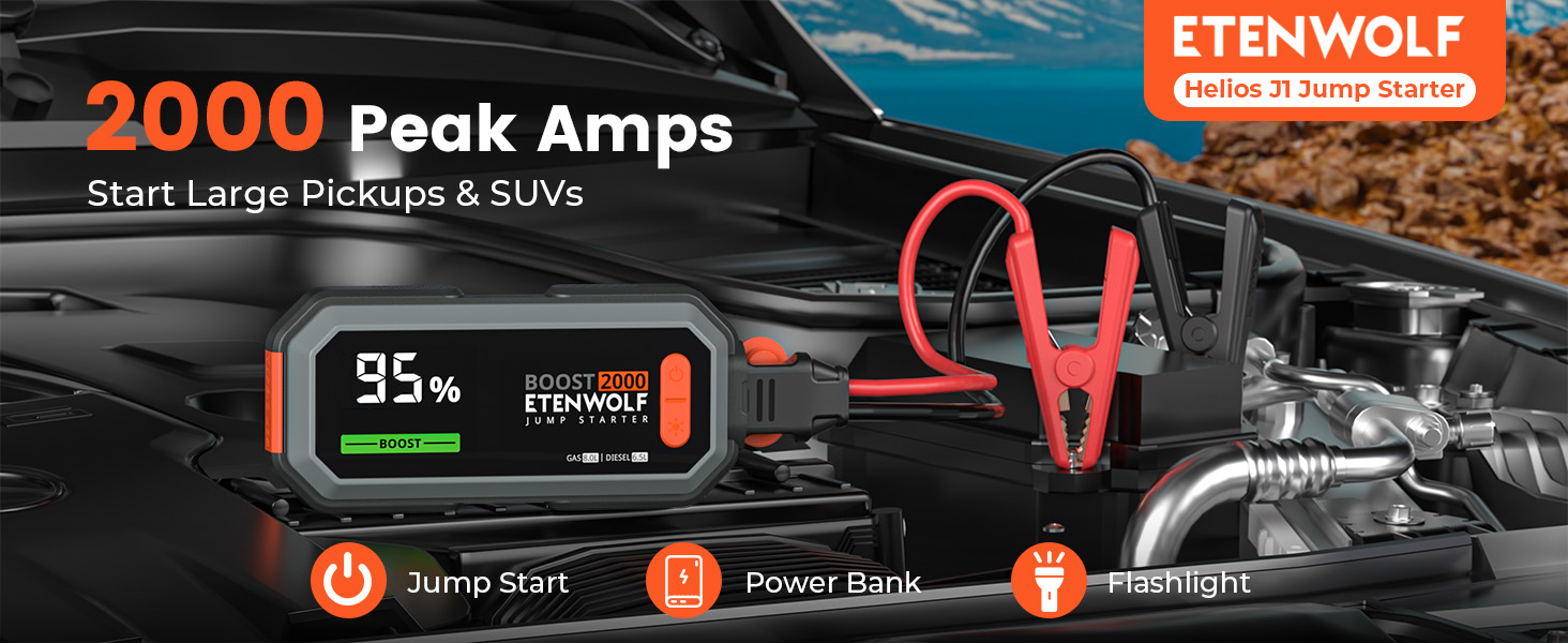 ETENWOLF Helios J1 Jump Starter boosting a large pickup truck with 2000 Peak Amps, featuring Jump Start, Power Bank, and Flashlight modes.
