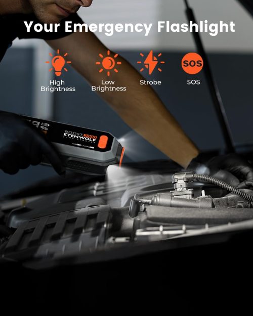 ETENWOLF Helios J1 Multi-functional Emergency LED Light ETENWOLF Helios J1 LED flashlight used during night car repair, featuring 4 modes: High, Low, Strobe, and SOS.