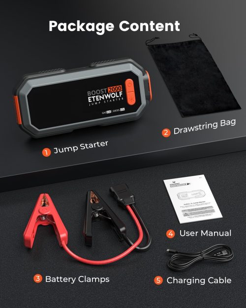 ETENWOLF Helios J1 Complete Emergency Kit Overview ETENWOLF Helios J1 package contents including jump starter unit, drawstring bag, smart battery clamps, user manual, and charging cable.