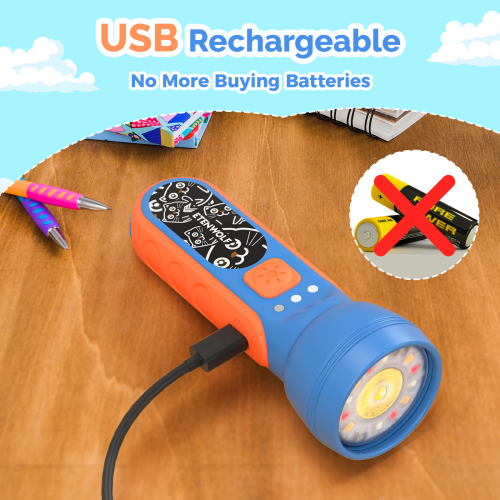 ETENWOLF L1 kids flashlight charging via USB cable, with a crossed-out standard battery icon to highlight the no-battery-needed feature.