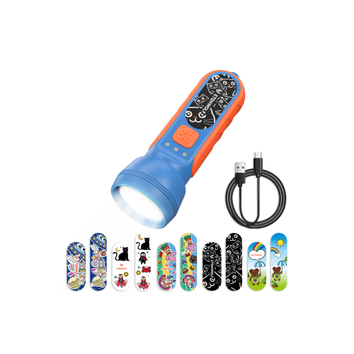 ETENWOLF L1 blue rechargeable LED flashlight for kids with USB-C cable and 10 interchangeable cartoon DIY panels.