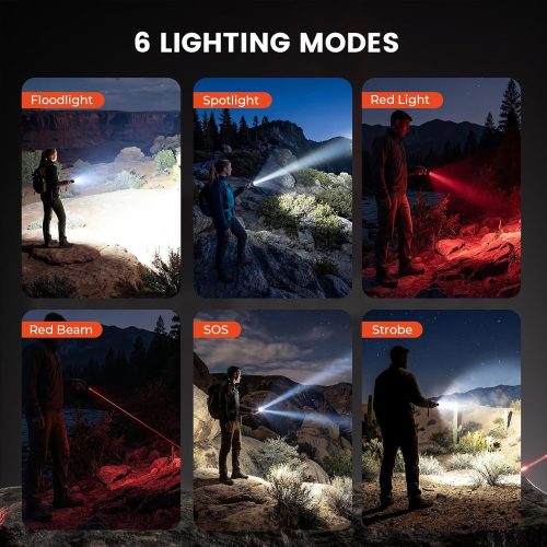 ETENWOLF L2 6 Lighting Modes Overview 6 lighting modes of ETENWOLF L2: Floodlight, Spotlight, Red Light, Red Beam, SOS, and Strobe.