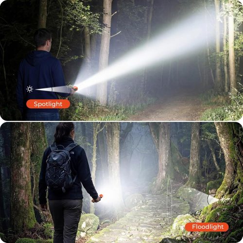 ETENWOLF L2 Spotlight vs Floodlight Effect Comparison of Spotlight and Floodlight modes for ETENWOLF L2 rechargeable flashlight in a forest.