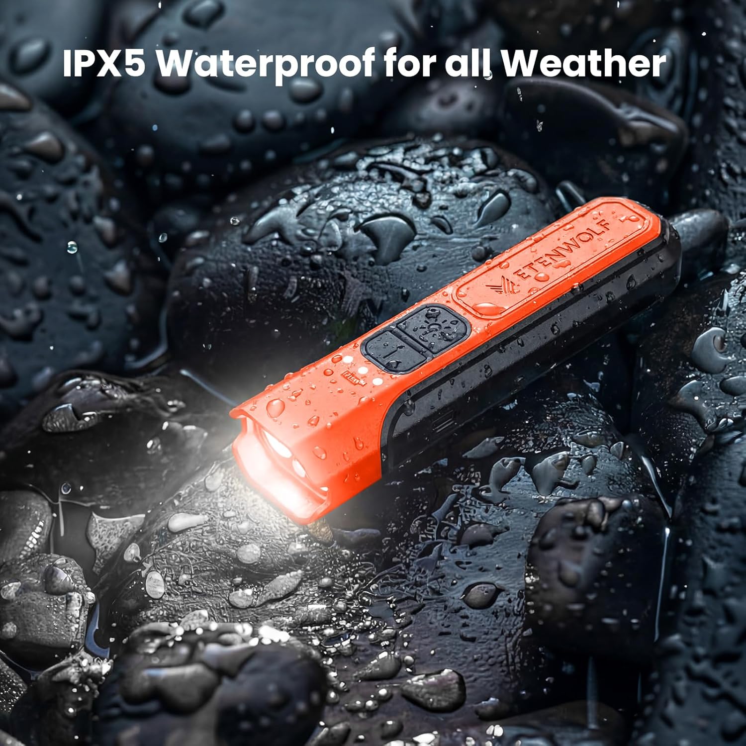 ETENWOLF L2 rechargeable flashlight with IPX5 waterproof rating for all-weather outdoor use.