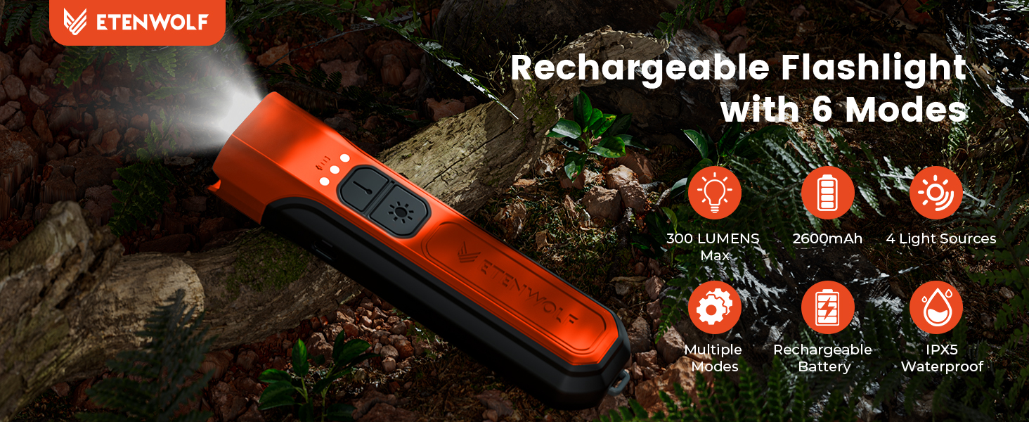 ETENWOLF L2 Flashlight: 300 Lumens, 2600mAh Battery, 4 Light Sources, Multi-modes, and IPX5 Waterproof.