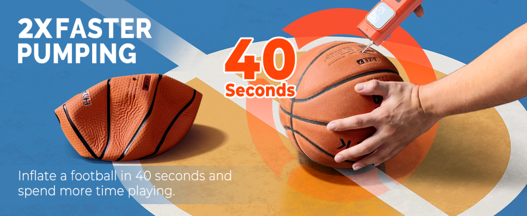ETENWOLF P200 Electric Ball Pump 2X faster pumping inflates a basketball in 40 seconds.