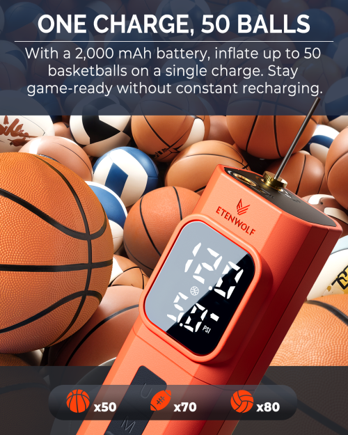 ETENWOLF P200 Long-lasting Battery Performance ETENWOLF P200 2000mAh rechargeable battery capacity can inflate up to 50 basketballs on a single charge.