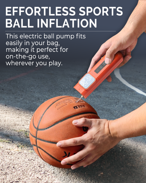 ETENWOLF P200 Portable Electric Ball Pump in Action Handheld ETENWOLF P200 electric ball pump inflating a basketball on an outdoor court.