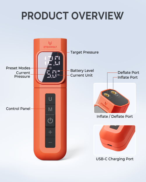 ETENWOLF P200 Product Features Overview Diagram of ETENWOLF P200 Electric Ball Pump showing LCD display, control panel, and USB-C charging port.