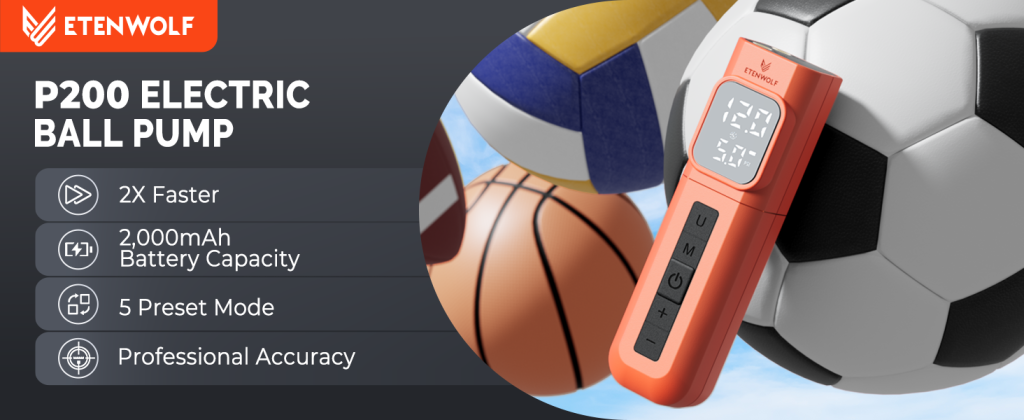 ETENWOLF P200 Electric Ball Pump in Orange featuring 2X faster pumping, 2000mAh battery, and 5 preset modes.