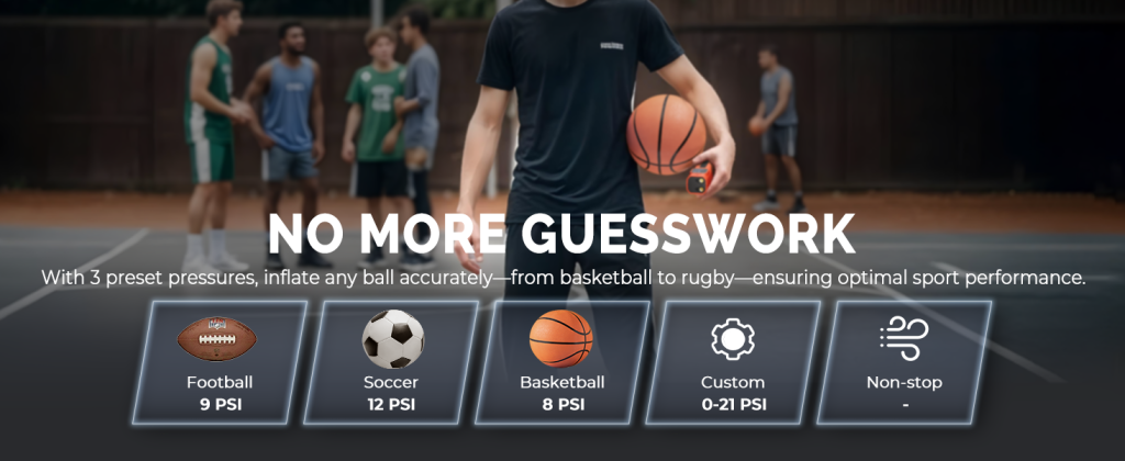 ETENWOLF P200 Electric Ball Pump with preset pressure modes for Football, Soccer, and Basketball.