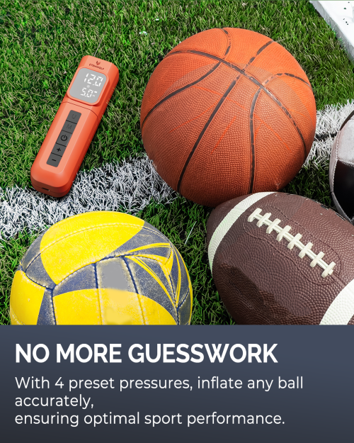 ETENWOLF P200 Versatile Sports Ball Presets ETENWOLF P200 electric ball pump on grass with basketball, soccer ball, and football, highlighting its 4 preset pressure modes.Complete package of ETENWOLF P200 Electric Ball Pump including 2 needles, manual, and storage bag in Cyan.