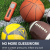 ETENWOLF P200 Versatile Sports Ball Presets ETENWOLF P200 electric ball pump on grass with basketball, soccer ball, and football, highlighting its 4 preset pressure modes.Complete package of ETENWOLF P200 Electric Ball Pump including 2 needles, manual, and storage bag in Cyan.