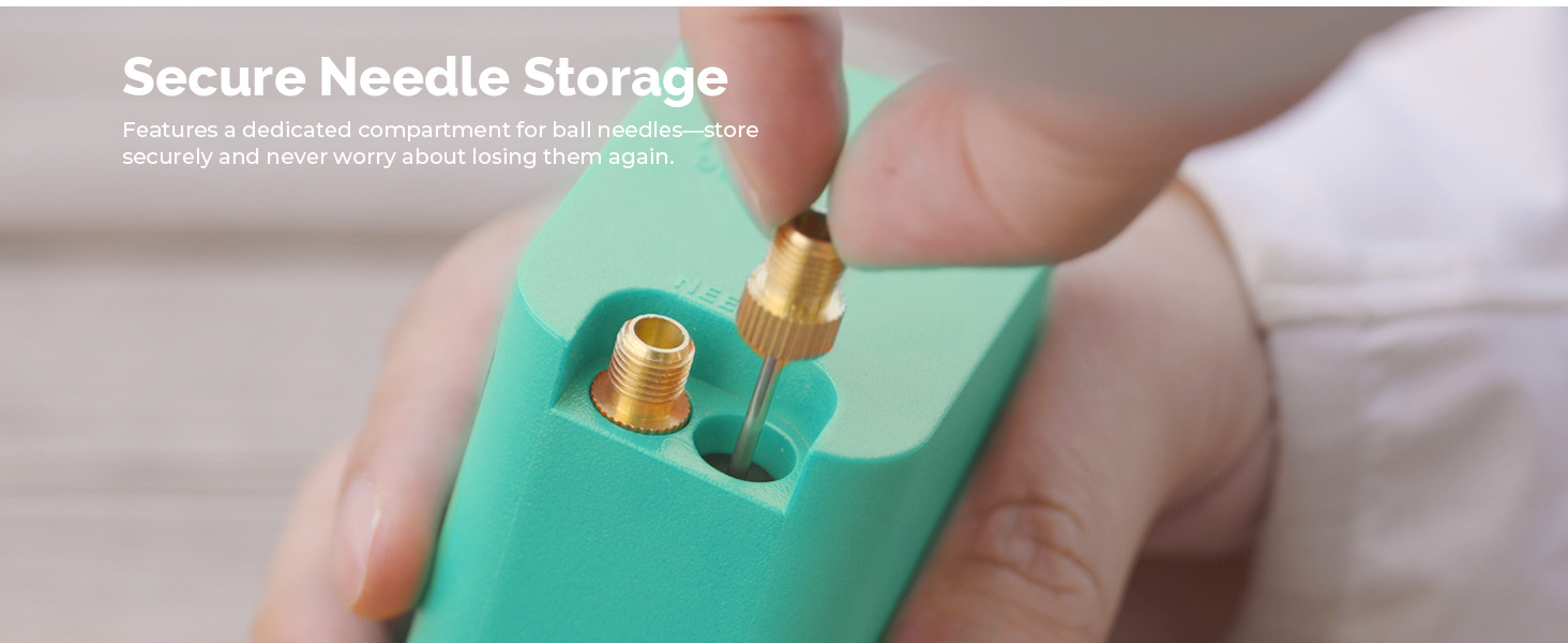 Close-up of ETENWOLF P300 smart ball pump showing secure integrated needle storage compartment
