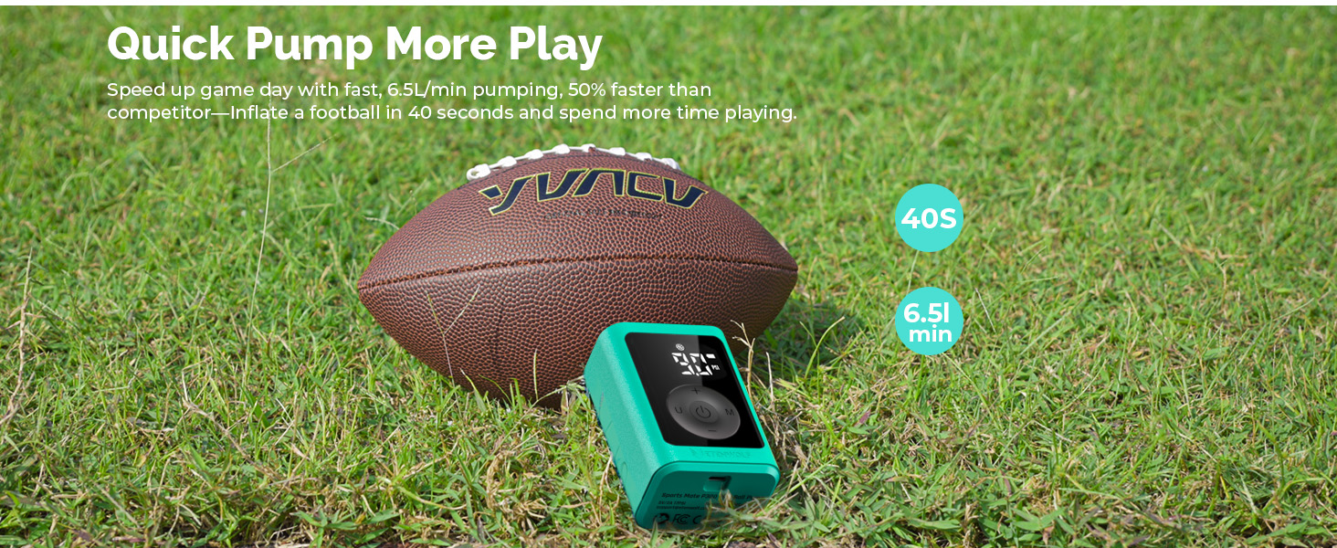 ETENWOLF P300 smart ball pump with 6.5L/min airflow inflating a football on grass in 40 seconds