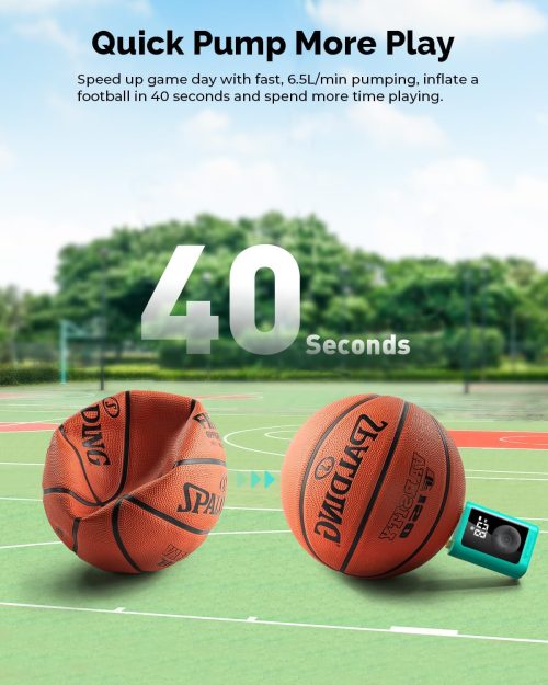 ETENWOLF P300 High-Speed Pumping Performance ETENWOLF P300 fast electric ball pump inflating a basketball in 40 seconds with 6.5L/min air flow