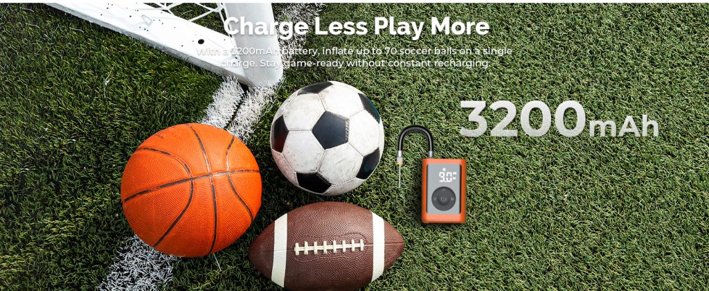 ETENWOLF P300 Plus electric ball pump on a soccer field grass, highlighting its 3200mAh battery that can inflate up to 70 soccer balls on a single charge.