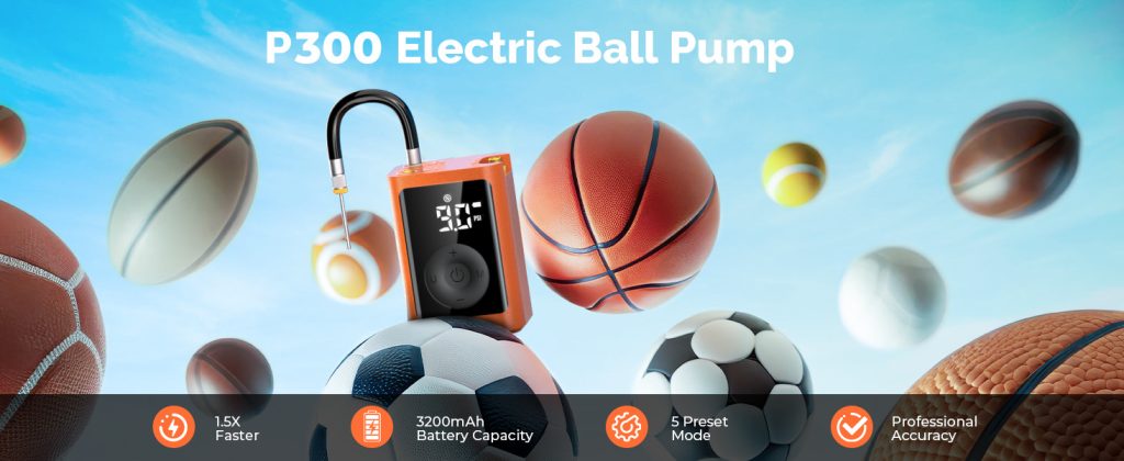 ETENWOLF P300 Plus electric ball pump banner featuring basketballs, soccer balls, and rugby balls, highlighting 1.5X faster inflation, 3200mAh battery, 5 preset modes, and professional accuracy.