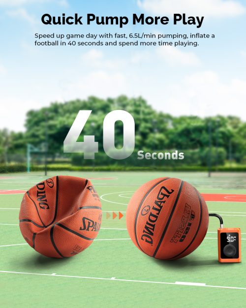 ETENWOLF P300 Plus electric ball pump inflating a basketball on an outdoor court, showing a high speed of 6.5L/min and completing inflation in just 40 seconds.