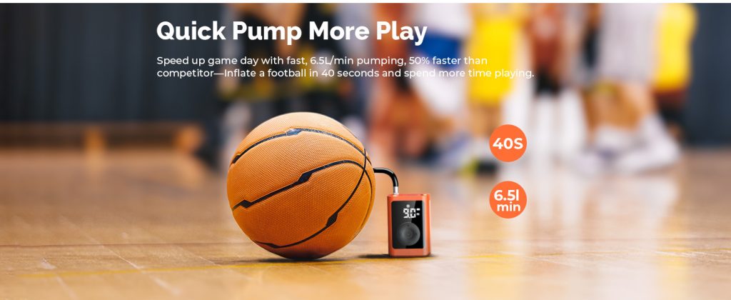ETENWOLF P300 Plus electric ball pump shown on a basketball court, highlighting 50% faster inflation than competitors with 6.5L/min airflow and a 40-second inflation time for a football.