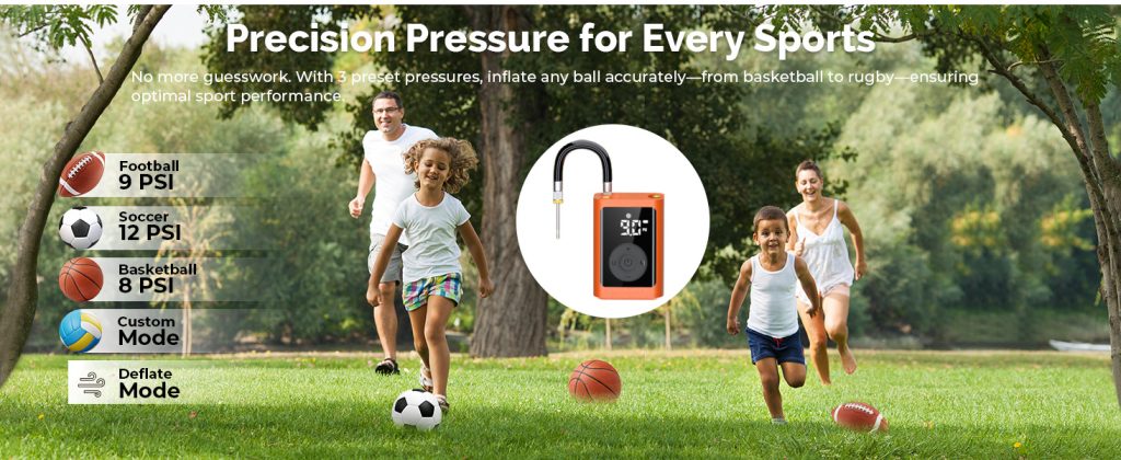 A family playing sports in a park with ETENWOLF P300 Plus, showing preset pressures: Football 9 PSI, Soccer 12 PSI, Basketball 8 PSI, plus custom and deflate modes for precision inflation.