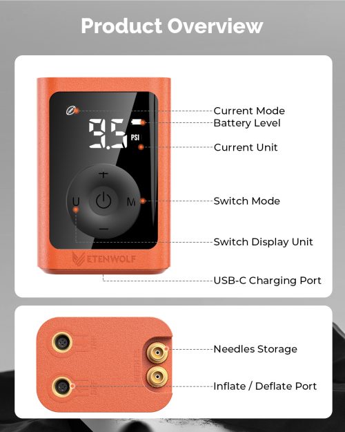 ETENWOLF P300 Plus product overview diagram showing the digital LED interface, USB-C charging port, integrated ball needle storage, and the dual-function inflate and deflate port.