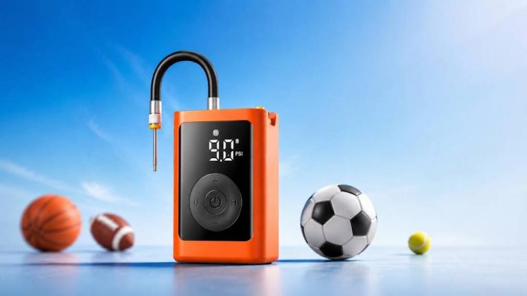 ETENWOLF P300 Plus smart electric ball pump with digital pressure gauge displayed with soccer basketball football and tennis ball under blue sky