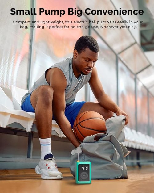 ETENWOLF P300 - Compact and Lightweight Design Person putting ETENWOLF P300 compact electric ball pump into a sports bag at a basketball court
