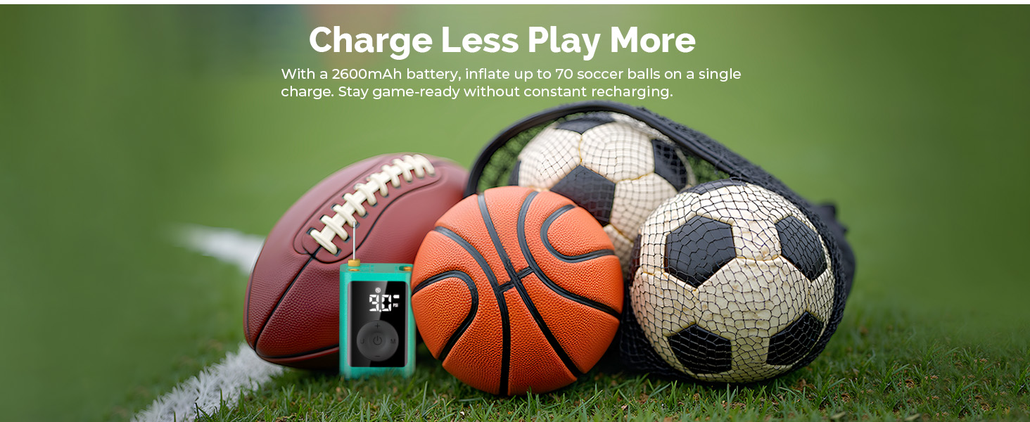 ETENWOLF P300 smart ball pump with 2600mAh battery next to football, basketball and soccer balls on grass