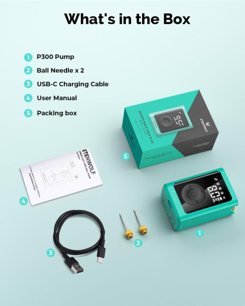 ETENWOLF P300 - What's in the Box ETENWOLF P300 smart ball pump packaging contents including needles and USB-C cablege