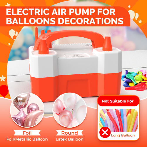 Infographic showing ETENWOLF P400 compatibility: suitable for foil, metallic, and round latex balloons; not suitable for long 260q balloons.