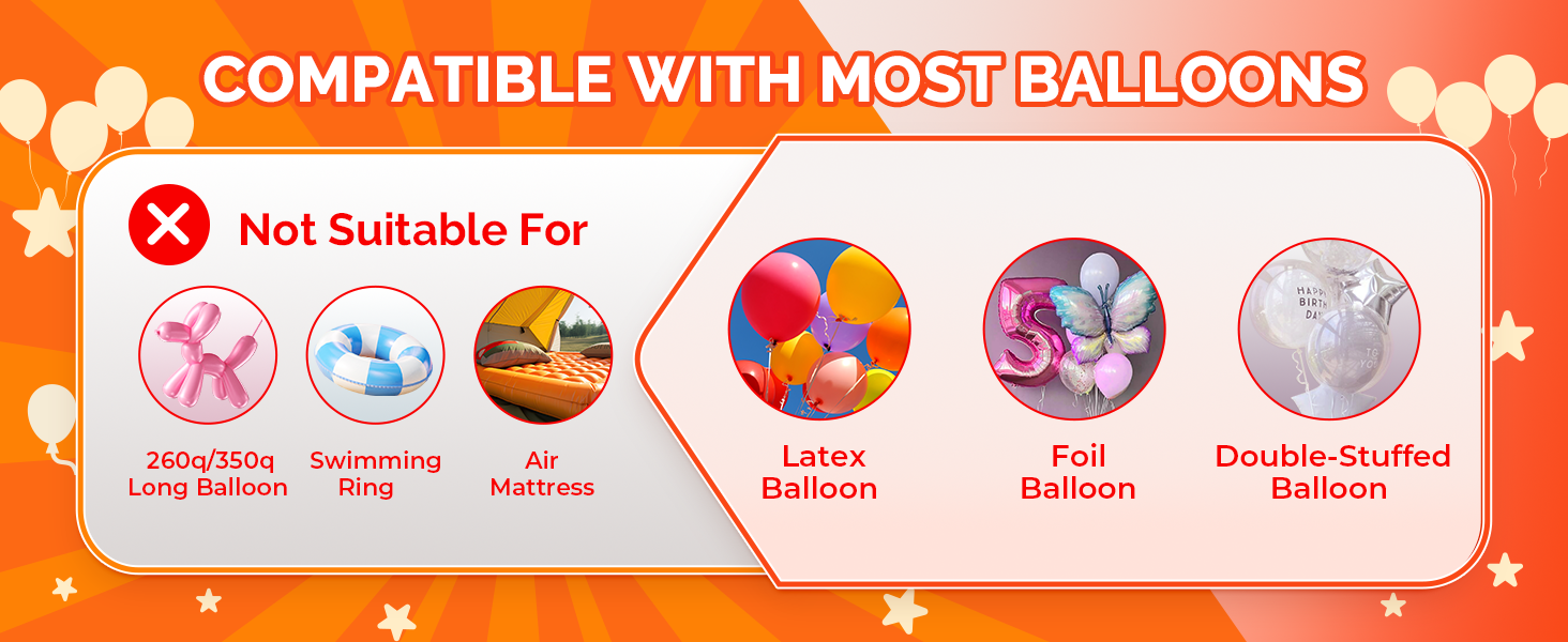 Compatibility chart for ETENWOLF P400: suitable for latex, foil, and double-stuffed balloons; not suitable for 260q/350q long balloons, swimming rings, or air mattresses.