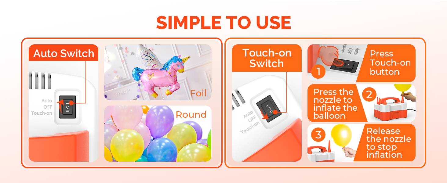Instructional banner for ETENWOLF P400: Auto Switch mode for continuous inflation of foil/round balloons, and Touch-on Switch for manual control.
