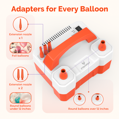 ETENWOLF P400 electric balloon pump extension nozzles: 1 adapter for foil balloons, 2 for round balloons under 12 inches, and main nozzles for balloons over 12 inches.
