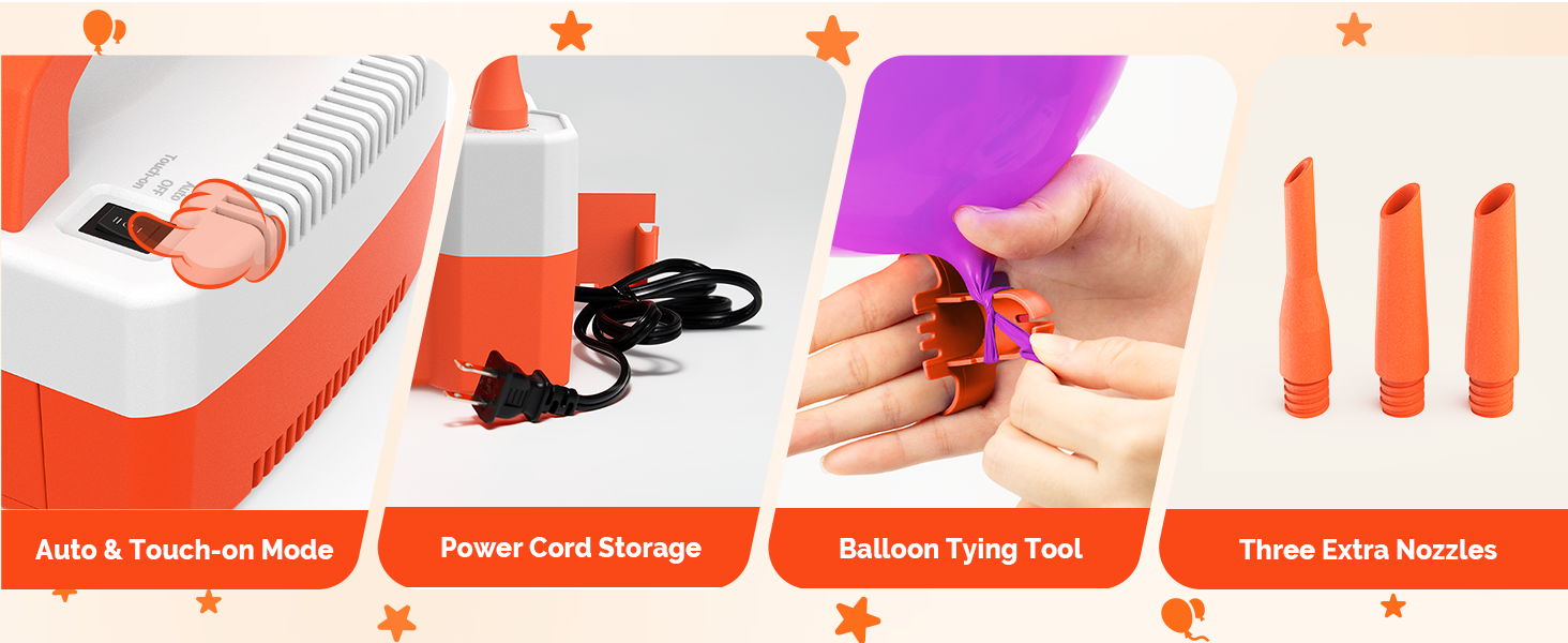 Four key features of ETENWOLF P400: Auto & Touch-on modes, integrated power cord storage, balloon tying tool, and three extra extension nozzles.