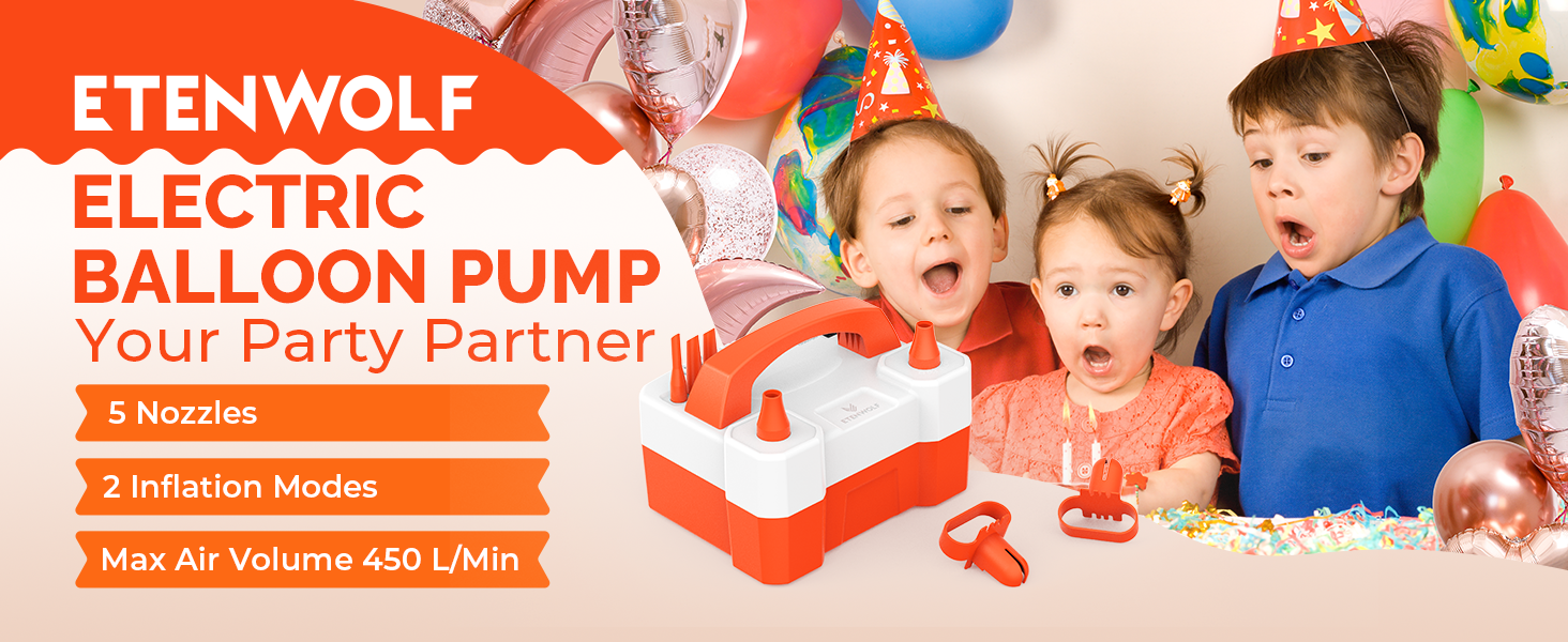 ETENWOLF P400 Electric Balloon Pump banner featuring kids at a party, highlighting 5 nozzles, 2 inflation modes, and 450 L/Min air volume.