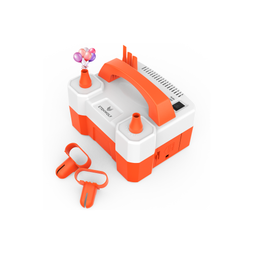 ETENWOLF P400 electric balloon pump with dual nozzles and tying tools, orange and white high-power inflator for party decorations.